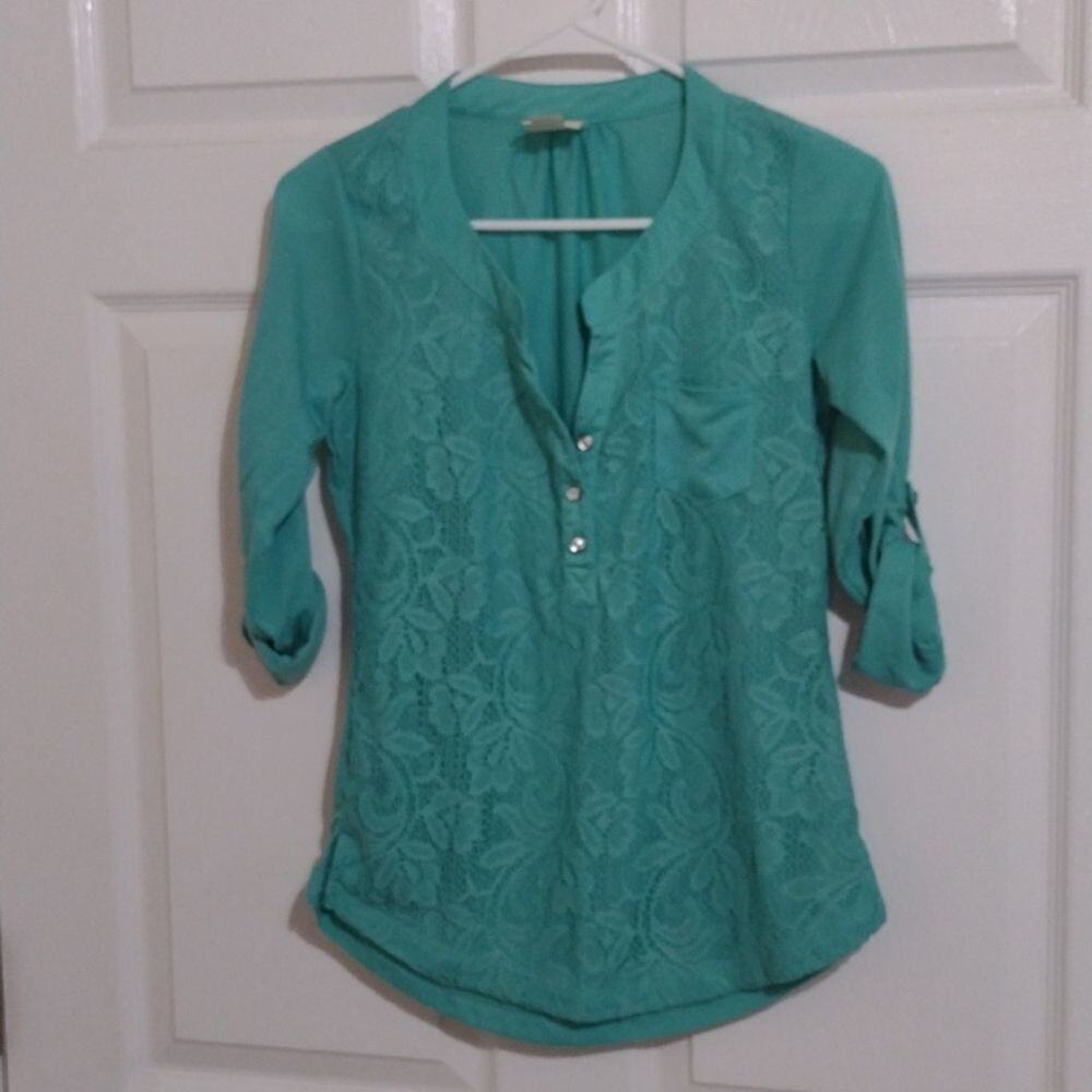 Self esteem small women's teal lace front blouse